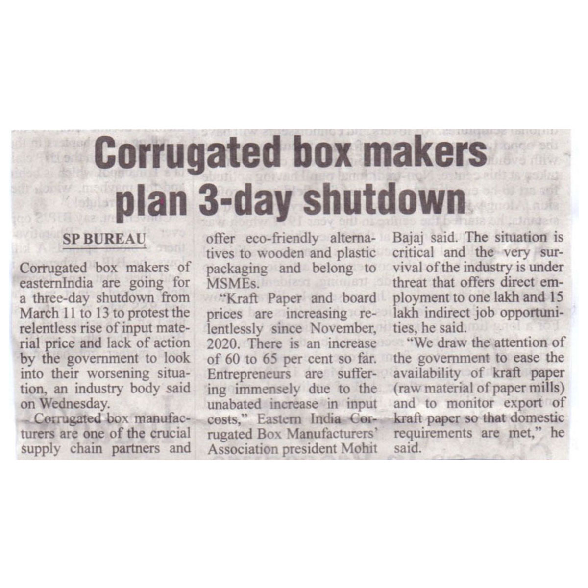 Corrugated Box makers plan 3-day 